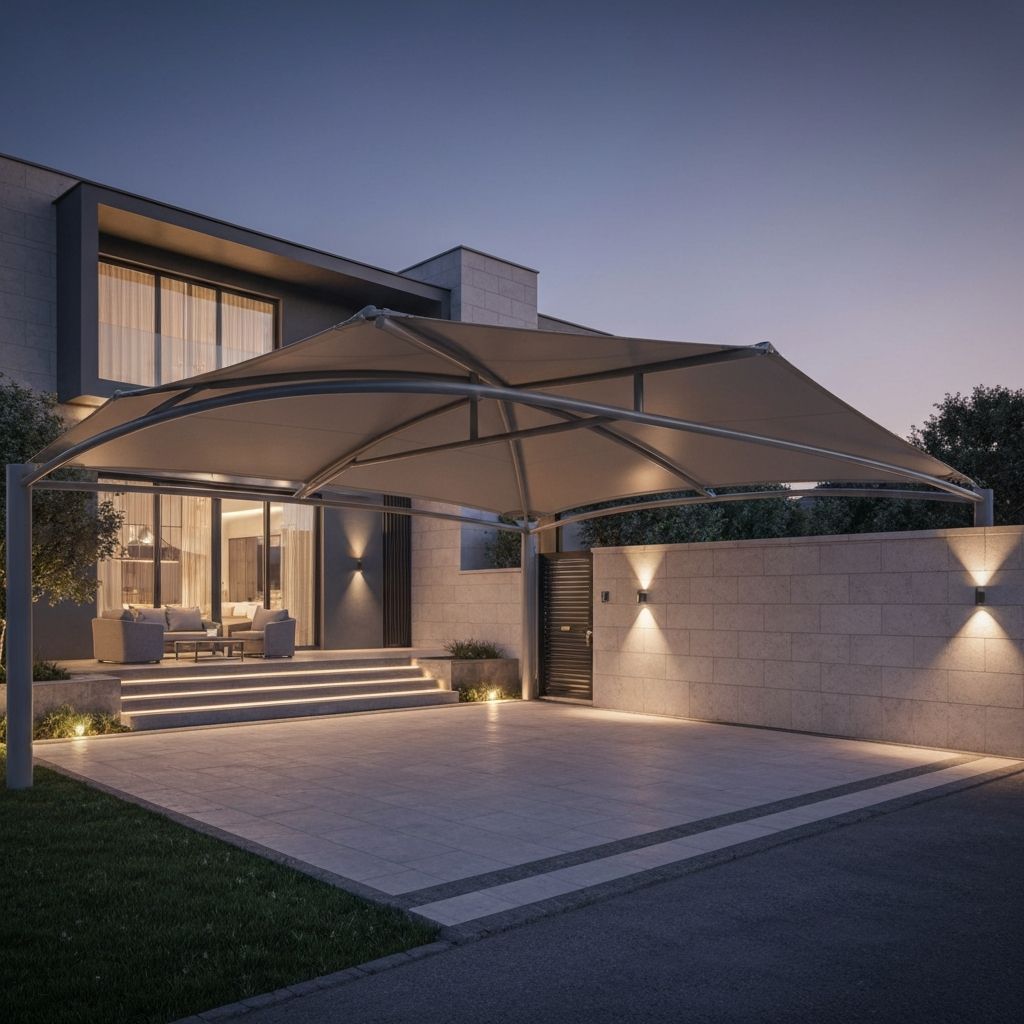 Luxury tensile car parking outside villa